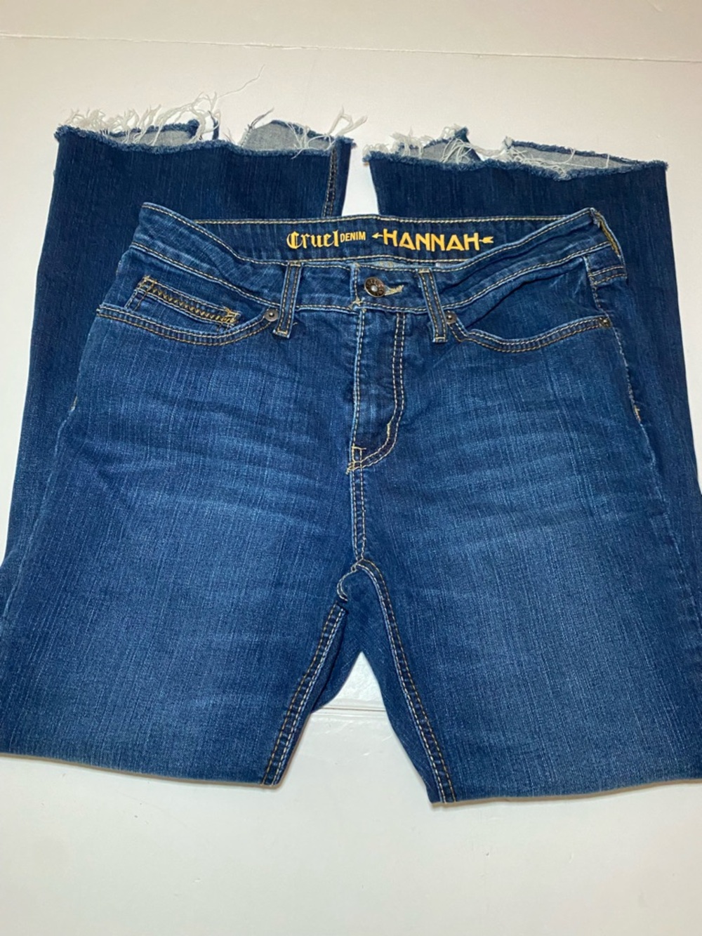 Cruel Denim "Hannah" Dark Blue Frayed Hem front split bell bottom Jeans 31/11